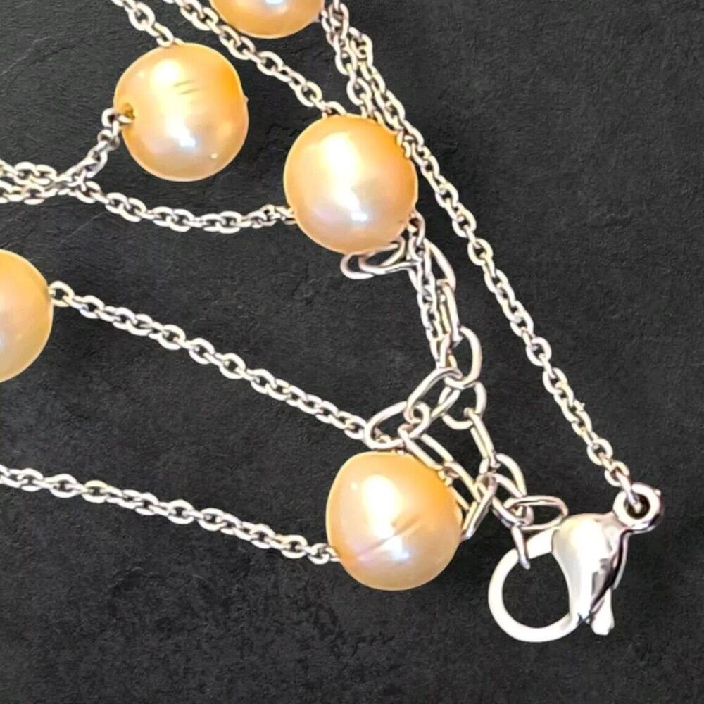 Silver Tone Chain Champagne Pearl Station Necklace 18"-20" - Picture 4 of 6